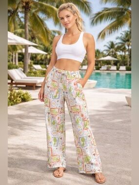 Cynthia Rowley 100% Linen Beach Pants Small Brunch Print Wide Leg NWOT